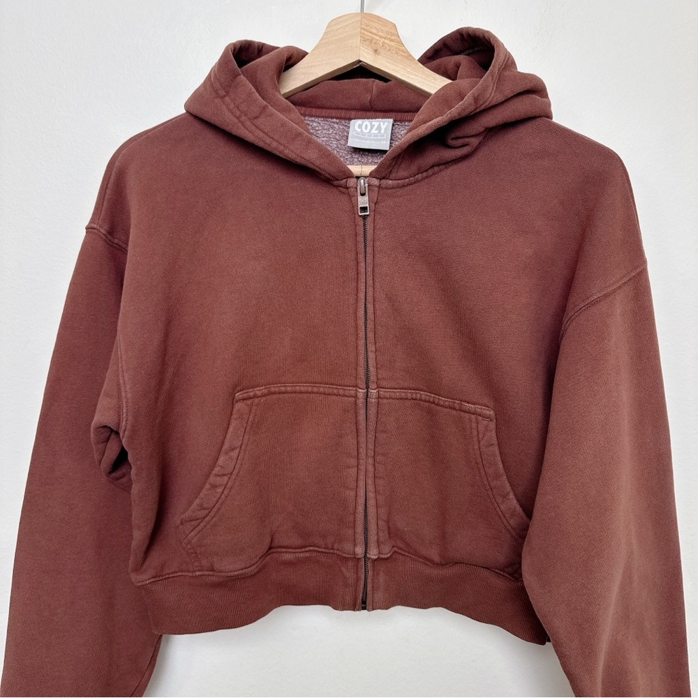 Aritzia TNA Womens Xsmall Cozy Fleece Perfect Zip-Up Hoodie in Cognac - Picture 2 of 11